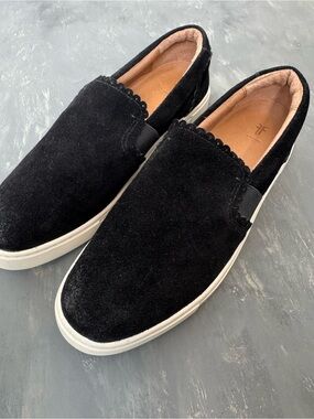 Frye Black Suede Scallop Slip-On Loafers